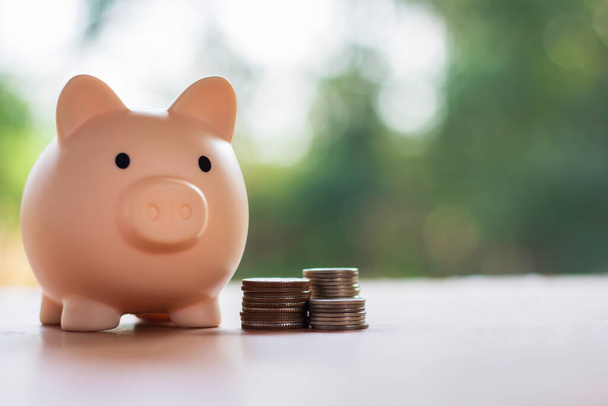 piggy bank on table background. Finance and Investment Content - Foto, imagen