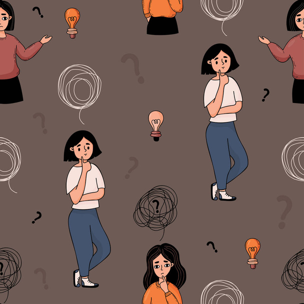 Seamless pattern with pensive girls with confused thoughts and question marks on gray background. Vector illustration for the design and decora of psychological concepts - Vector, Image
