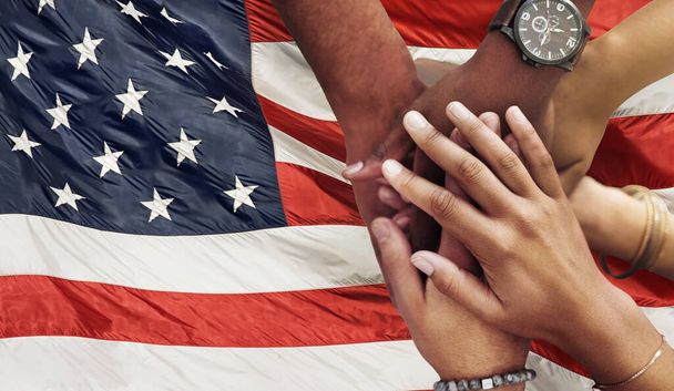 Teamwork, support and hands stacked on American flag for community together in collaboration for the country. Group, unity and closeup of international team meeting in trust, activism and victory. - Φωτογραφία, εικόνα