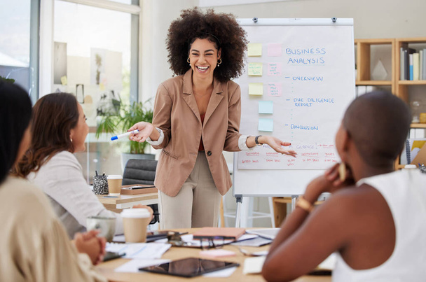 Mixed race businesswoman with afro using whiteboard for staff training in office workshop. Hispanic professional standing and teaching team of colleagues. Sharing ideas and planning marketing strateg. - Foto, Imagem