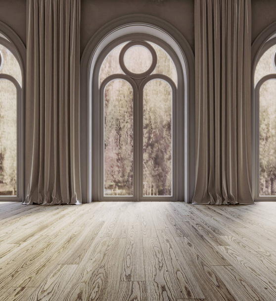 Интерьер гостиной с арочными окнами, 3D рендеринг  - Фото, изображение