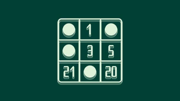 Λευκή κάρτα Bingo με εικονίδιο τυχερών αριθμών που απομονώνεται στο πράσινο φόντο. 4K Γραφική κίνηση κίνησης βίντεο. - Πλάνα, βίντεο