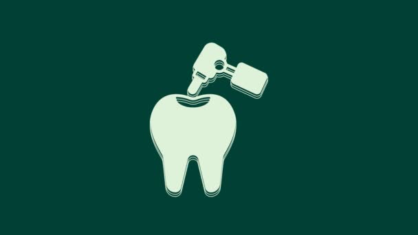 Dente branco com cárie e dente broca ícone isolado no fundo verde. Decadência dentária. Animação gráfica em movimento de vídeo 4K. - Filmagem, Vídeo