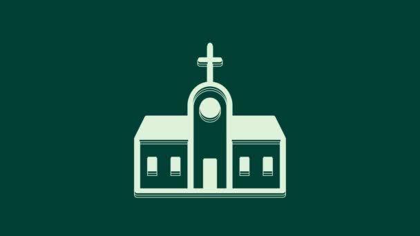 Fehér templom épület ikon elszigetelt zöld alapon. Keresztény egyház. Az egyház vallása. 4K Videó mozgás grafikus animáció. - Felvétel, videó