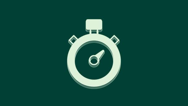 Weißes Stoppuhr-Symbol auf grünem Hintergrund. Zeitzeichen. Chronometerzeichen. 4K Video Motion Grafik Animation. - Filmmaterial, Video