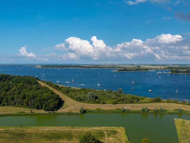 Aerial view with view over Veerse Meer in front of Veere. Veere is a city in the province of Zeeland in the Netherlands - Photo, Image