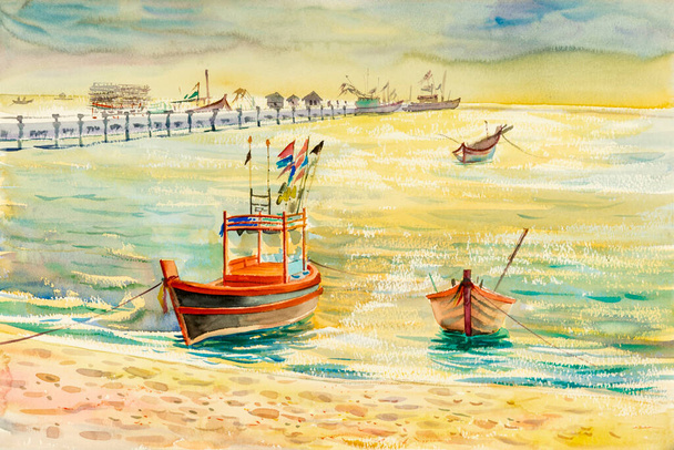 Watercolor seascape  original painting colorful of fishing boat  and emotion in sunshine and cloud bottom background - Photo, Image