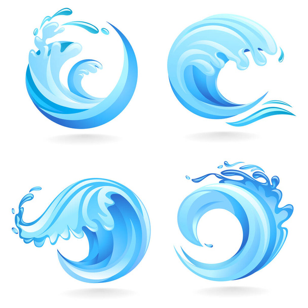  Conjunto de ondas oceánicas azules aisladas sobre fondo blanco, también idea de logotipo - Vector, Imagen