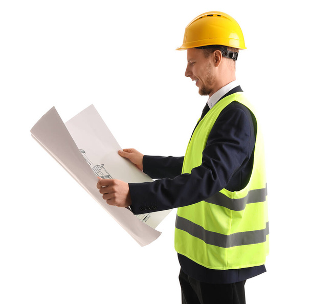 Male architect with drawing on white background - Photo, Image