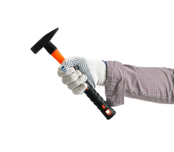 Worker with hammer on white background - Foto, afbeelding