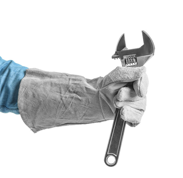 Worker with wrench on white background - Φωτογραφία, εικόνα