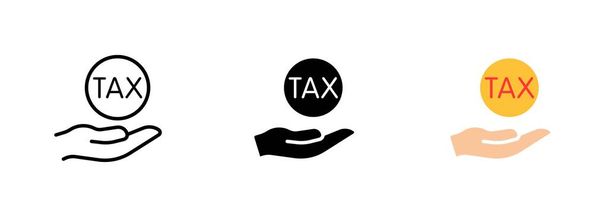 Das Bild zeigt eine Hand, die ein Steuersymbol hält, das das Zahlen von Steuern oder die Abgabe von Steuererklärungen darstellen könnte. Vektor Reihe von Symbolen in Linie, schwarze und bunte Stile isoliert. - Vektor, Bild