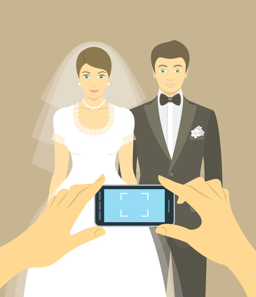 Foto de boda de la novia y el novio por teléfono móvil
 - Vector, Imagen