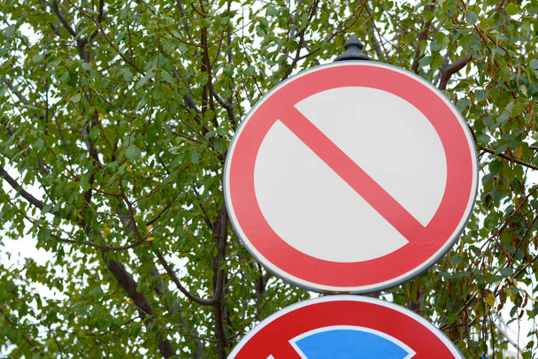 Post with traffic sign Buses and Trucks Prohibited near green tree outdoors - Valokuva, kuva