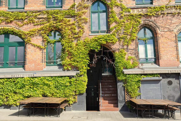 Traditional German residential house covered with ivy in the old center of Hamburg Germany - 写真・画像