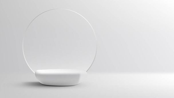 3D realistischen Luxus-Stil leeren Stein weißen Podiumsständer und Kreis transparente Glaskulisse minimale Wandszene auf sauberem Hintergrund. Sie können für Beauty-und Wellness-Produktpräsentation, kosmetische Display-Attrappe, Vitrine, usw. verwenden. Vektorillustration - Vektor, Bild