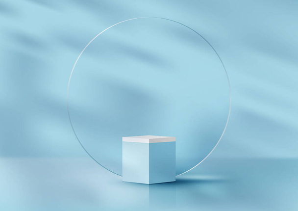 3D realistic products display blue podium cube stand with transparency circle glass backdrop and leaf shadow minimal wall scene on blue background. You can use for product presentation, cosmetic display mockup, showcase, media banner, etc. Vector ill - Διάνυσμα, εικόνα