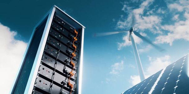 L'immagine mostra il sistema di accumulo dell'energia nei moduli batteria al litio, completo di pannello solare e turbina eolica sullo sfondo. rendering 3d. - Foto, immagini