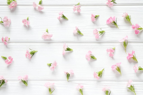 Μικρά ροζ λουλούδια σε λευκό ξύλινο ρουστίκ φόντο - Φωτογραφία, εικόνα