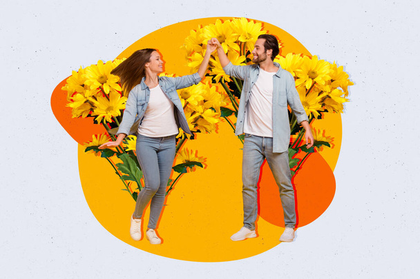 Creative collage image of two positive mini partners hold arms big fresh daisy flowers isolated on white background. - Фото, зображення