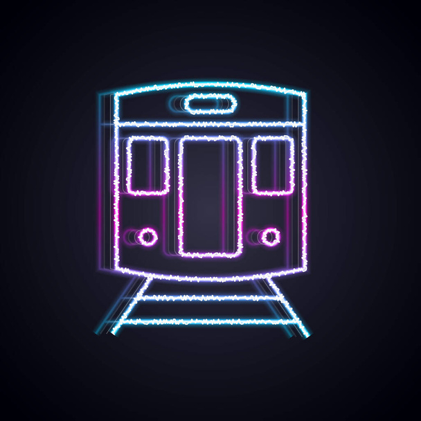 Glowing neon line Train and railway icon isolated on black background. Public transportation symbol. Subway train transport. Metro underground.  Vector - Vector, Image