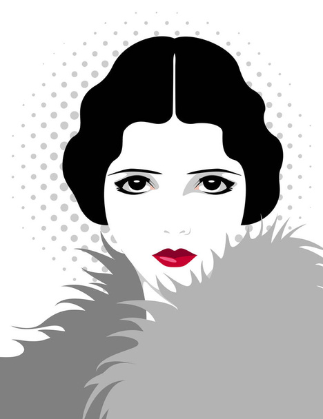 Vector portrait of beautiful elegant retro woman with red lips and short wavy black hair wearing fur coat against dotted background, 1930s fashion - Διάνυσμα, εικόνα