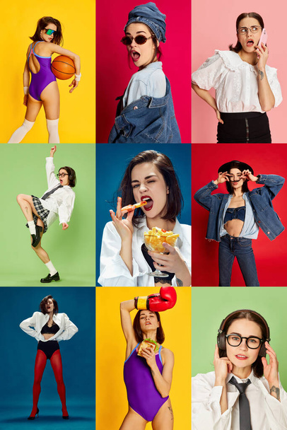 Collage. Set of portraits of beautiful young woman in diverse clothes and life situations posing against multicolored background. Concept of emotions, facial expression, lifestyle, hobby. - 写真・画像