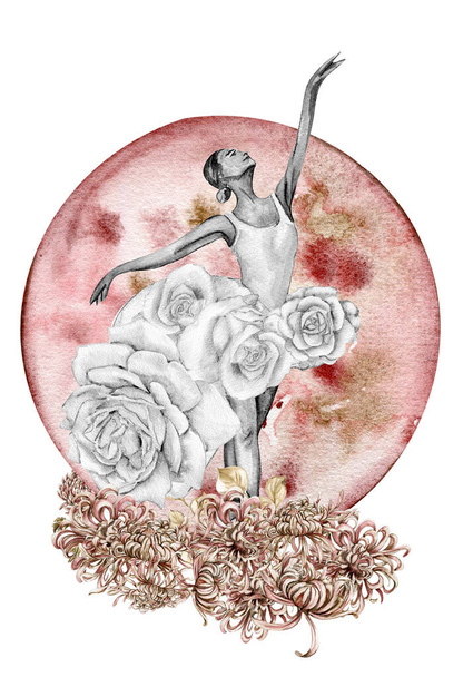 Watercolor dancing pretty ballerina with flowers and moon. Watercolor hand drawn illustration. Can be used for cards or posters. With white isolated background. Young  pretty ballerina women. - Foto, Imagen