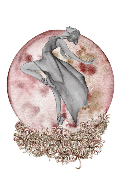 Watercolor dancing pretty ballerina with flowers and moon. Watercolor hand drawn illustration. Can be used for cards or posters. With white isolated background. Young  pretty ballerina women. - Zdjęcie, obraz