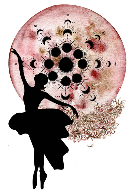 Watercolor dancing pretty ballerina with flowers and moon. Watercolor hand drawn illustration. Can be used for cards or posters. With white isolated background. Young  pretty ballerina women. - Foto, imagen