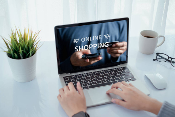 Shopping online payment concept. Woman hand using computer for  banking and online shopping via banking mobile app, E-transaction and financial technology. - Foto, immagini