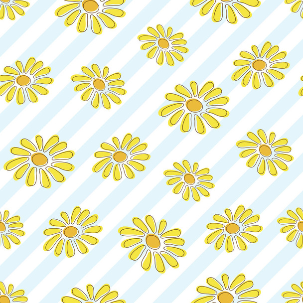 Spring dandelions seamless pattern vector background with yellow dandelion or daisy flowers and blue stripes. Floral fabric print. Wrapping paper. Summer backdrop. Repeating design template element. - Vector, Image