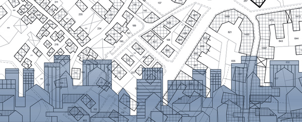 Ingatlankoncepció városképpel, lakóépület egy képzeletbeli kataszteri térképen épületekkel és földterülettel - ingatlan-nyilvántartási koncepció - Fotó, kép