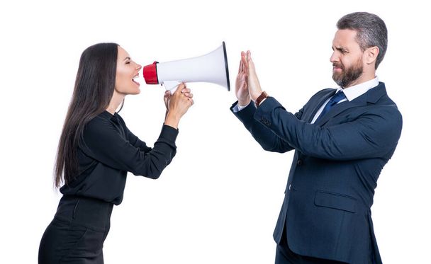 shouting businesspeople argue with loudspeaker in studio. businesspeople argue with loudspeaker. photo of businesspeople argue with loudspeaker. businesspeople argue with loudspeaker isolated on white - Photo, Image