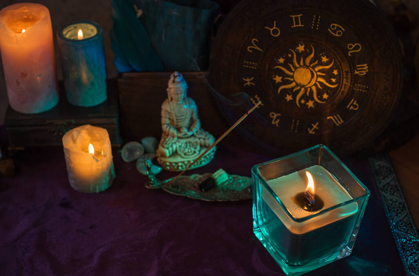 Candles burns on the altar, esoteric illustration, clean negative energy, astrology scene - Photo, Image