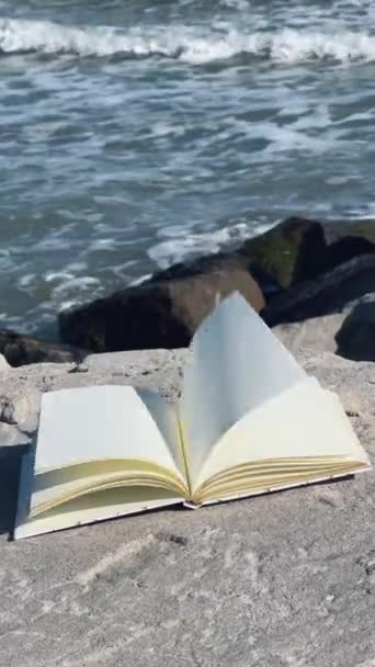 Viento volteando páginas de cuaderno sobre el fondo del mar - Imágenes, Vídeo