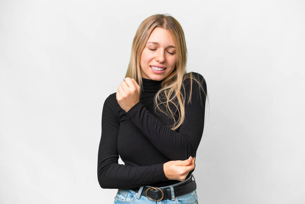 Young pretty blonde woman over isolated white background with pain in elbow - Φωτογραφία, εικόνα
