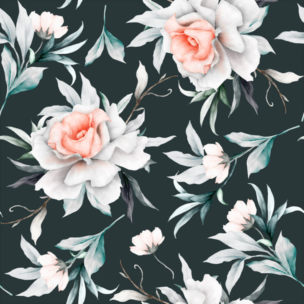 vintage seamless pattern of beige roses with leaves and flowers - Вектор,изображение