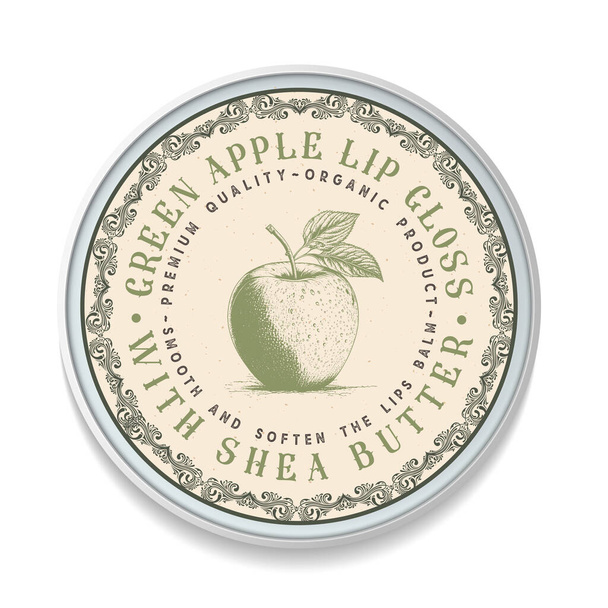 Green Apple Lips Balm Design d'emballage d'étiquette vintage, forme ronde. Idéal pour le paquet, étiquettes, autocollants, etc.. - Vecteur, image