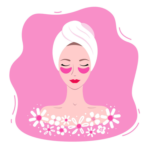 Vector illustration of a young woman applying patches and relaxing in flat style. Home care for the skin under the eyes - Vector, Image