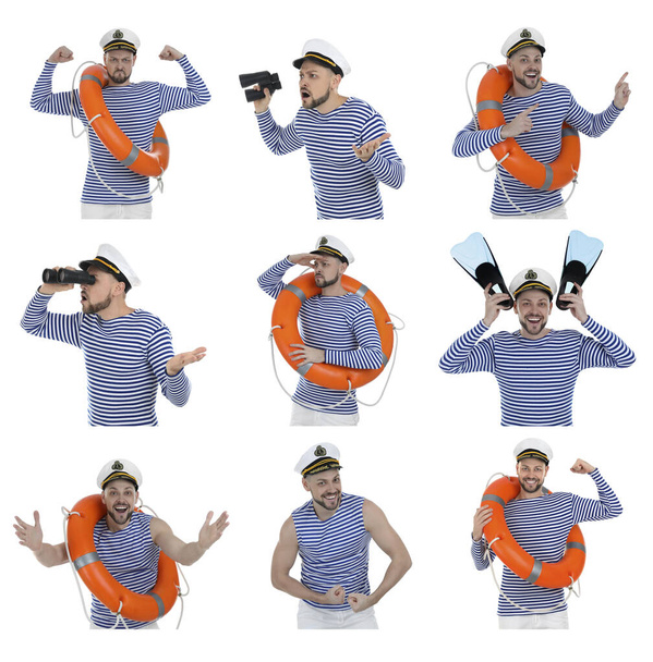 Collage with photos of sailor on white background - Foto, imagen
