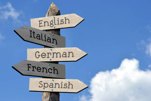 English, Italian, German, French, Spanish - wooden signpost with five arrows, sky with clouds - Foto, immagini