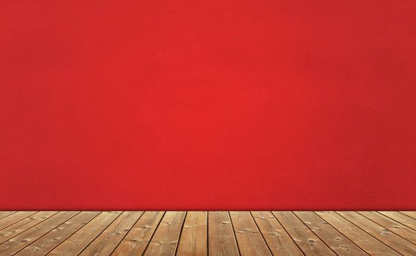 Binnenkamer met houten vloer en rode cementwand - Foto, afbeelding