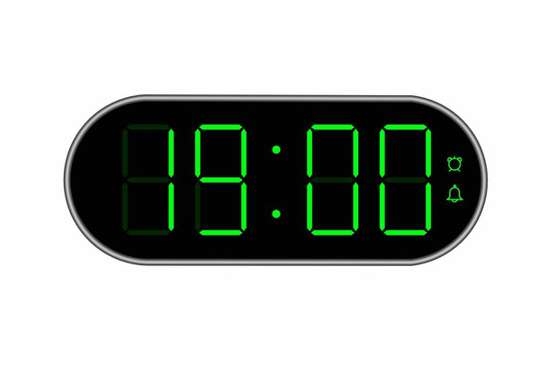 Vector flat illustration of a digital clock displaying 19.00 . Illustration of alarm with digital number design. Clock icon for hour, watch, alarm signs. - ベクター画像