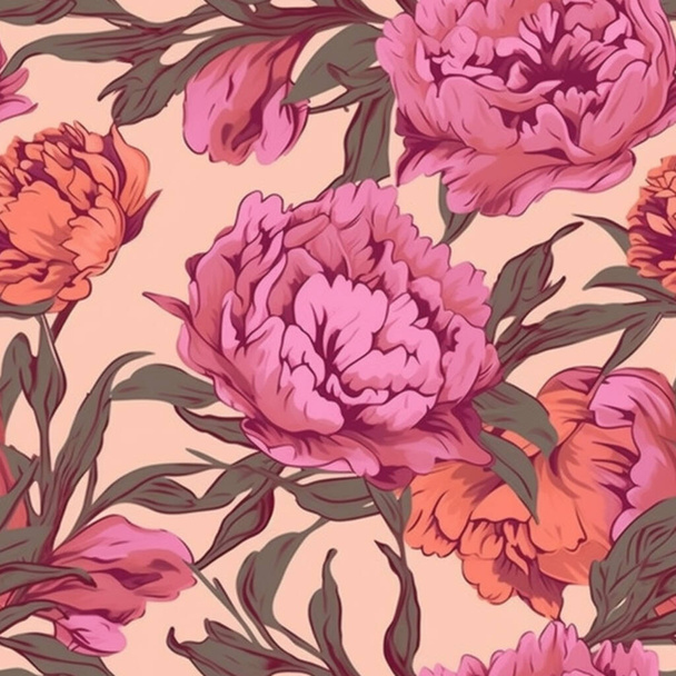 Seamless vintage pattern with peonies on a pink background. Generative ai content - Fotografie, Obrázek