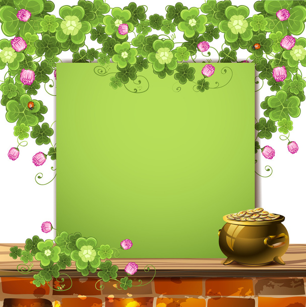 Green banner with clover, and pot of gold - Vector, afbeelding
