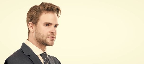 Be calm and focus on your work. Handsome man face. Portrait of professional man. Man face portrait, banner with copy space. Business man in suit, isolated studio background - Photo, Image