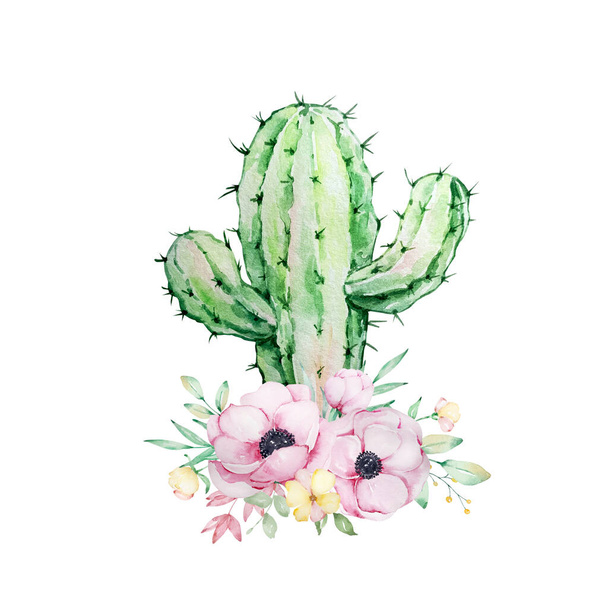 Акварельна ілюстрація кактуса з квітами для дизайну та друку
 - Фото, зображення