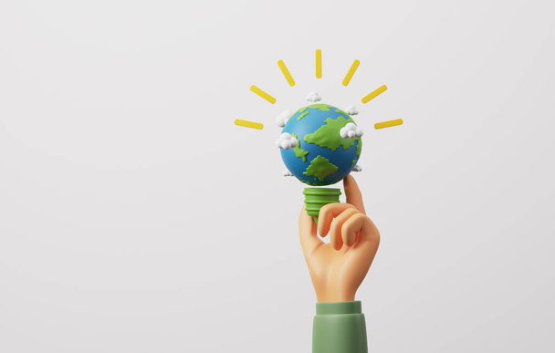 Mão segurando lâmpada e globo em lâmpada no fundo branco. Uso de energia limpa e proteção ambiental sustentável em todo o mundo, ESG para o meio ambiente. ilustração renderização 3D. - Foto, Imagem