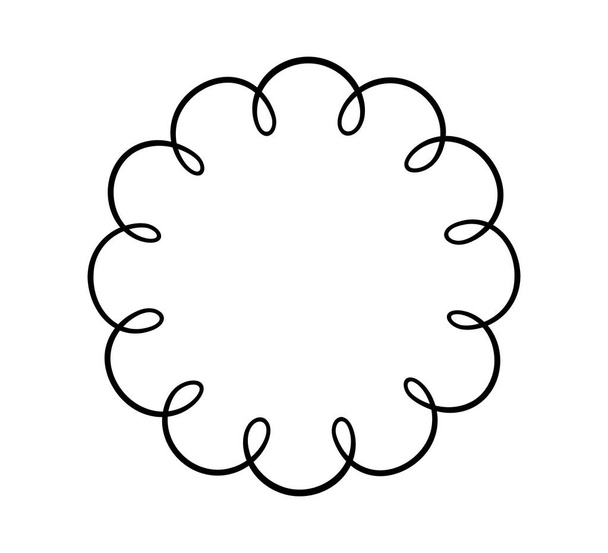 ドードルサークルホタテフレーム。手描きのホタテの縁楕円形。シンプルな丸ラベルフォーム。花のシルエットレースフレーム。白を基調としたベクトルイラスト. - ベクター画像